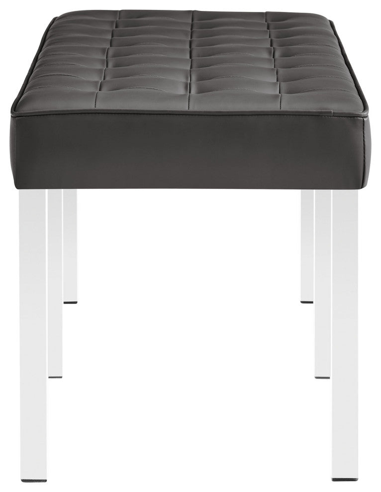 Loft Tufted Large Upholstered Faux Leather Bench Silver Gray