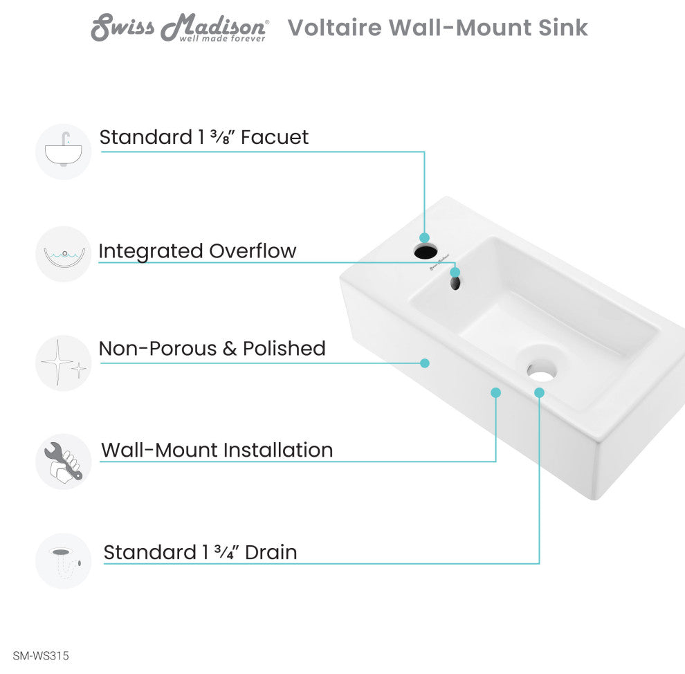 Voltaire 19.5"x10" Ceramic Wall Hung Sink With Faucet Mount, Left Side