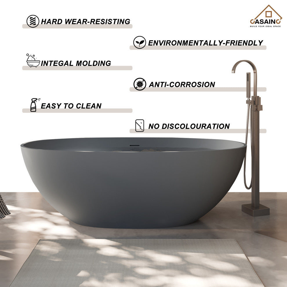 65in Solid Surface Freestanding Bathtub in Matte Black, Matte Grey