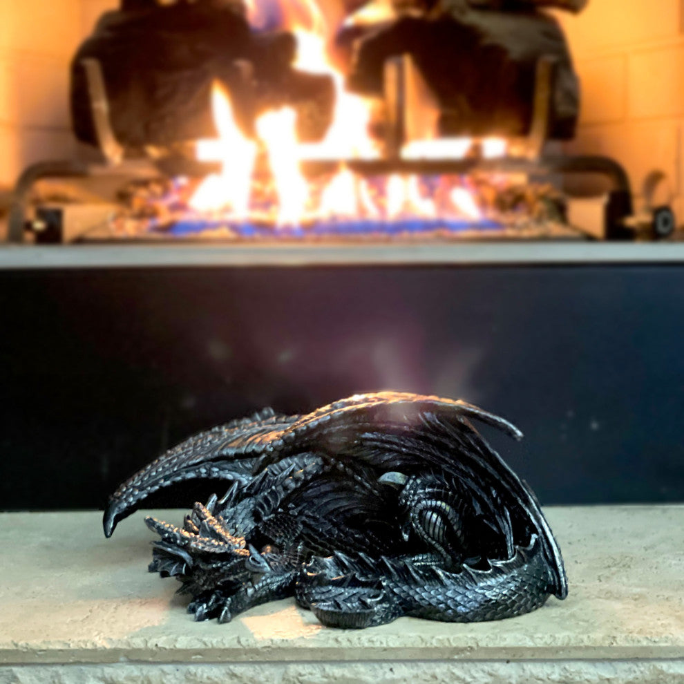 Somasaurus Metallic Black Gothic Sleeping Dragon Statue 12 in.