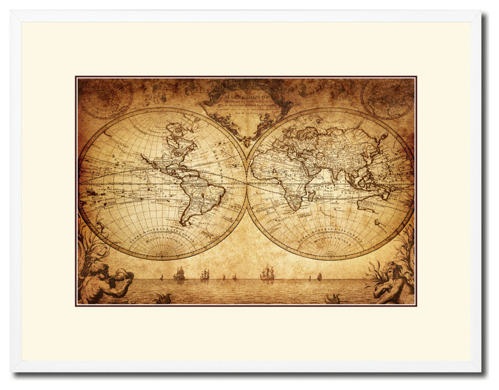 World Old Map Print On Canvas With Picture Frame Art Collection 16" X 21"