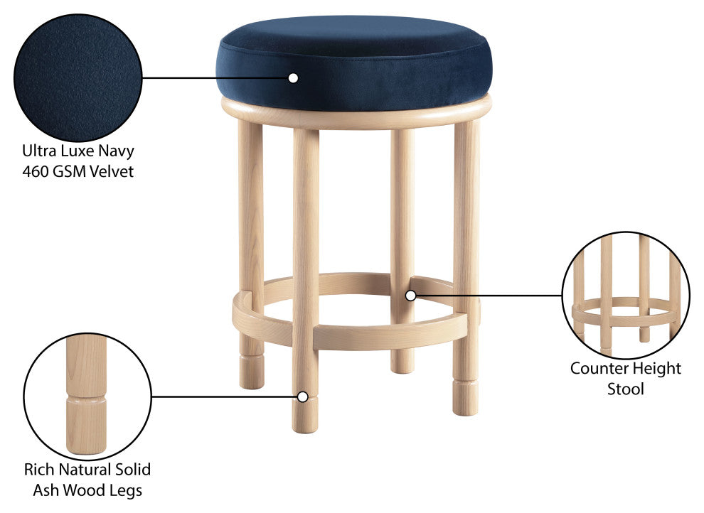 Monette Upholstered Bar and Counter Stool, Navy, Velvet, Natural Finish
