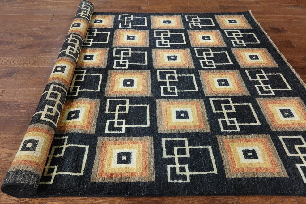 Gabbeh Collection Oriental 7x10 Black Hand Knotted Geometric Wool Area Rug H9199