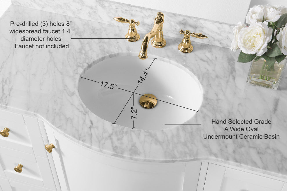 Lauren 48" Vanity Set, White, 48", Gold Hardware, Cararra White Marble Countertop and Mirror