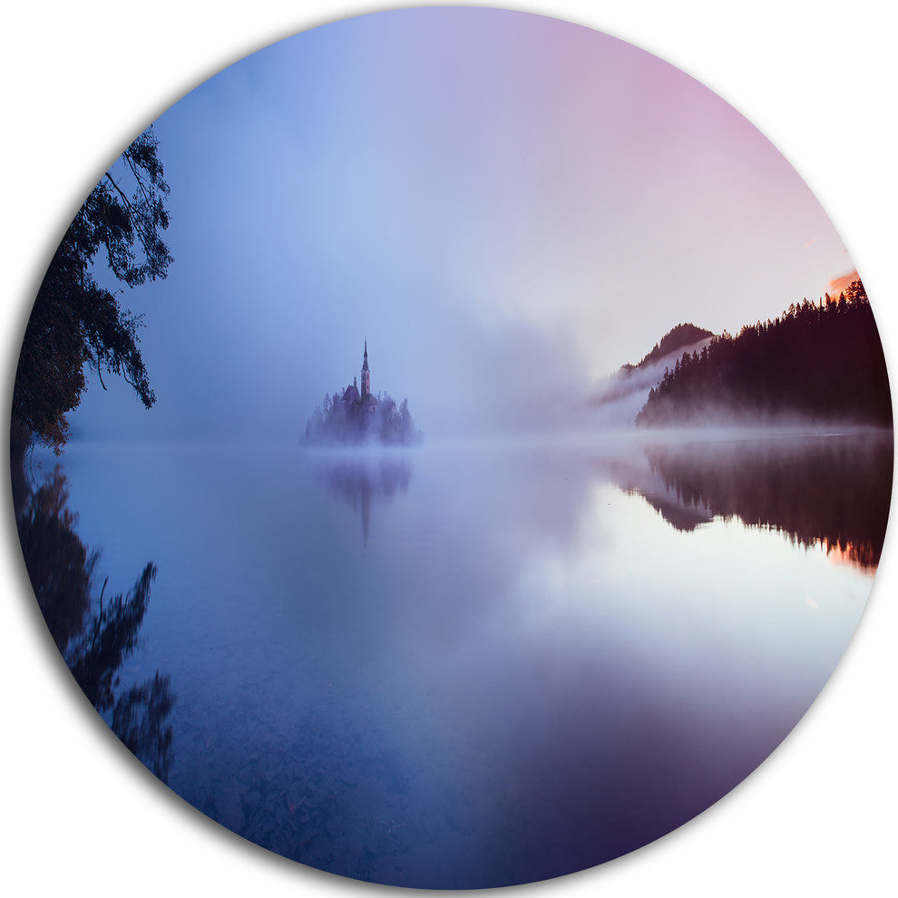 Island With Old Church In Bled City, Landscape Disc Metal Wall Art, 23"