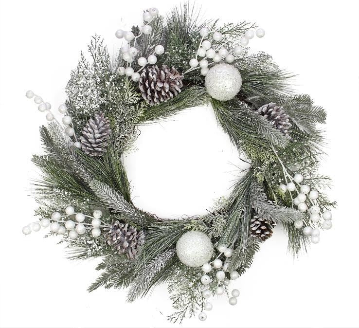 Frosted Artificial Mixed Pine and Pine Cone Wreath with White Berries and Balls