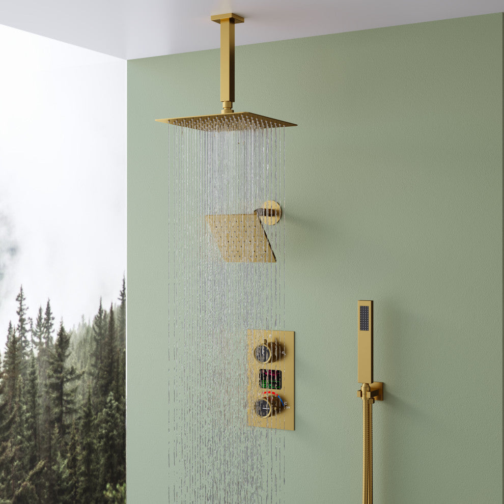 Dual Showerheads 12" Digital Display Shower System, Brushed Gold