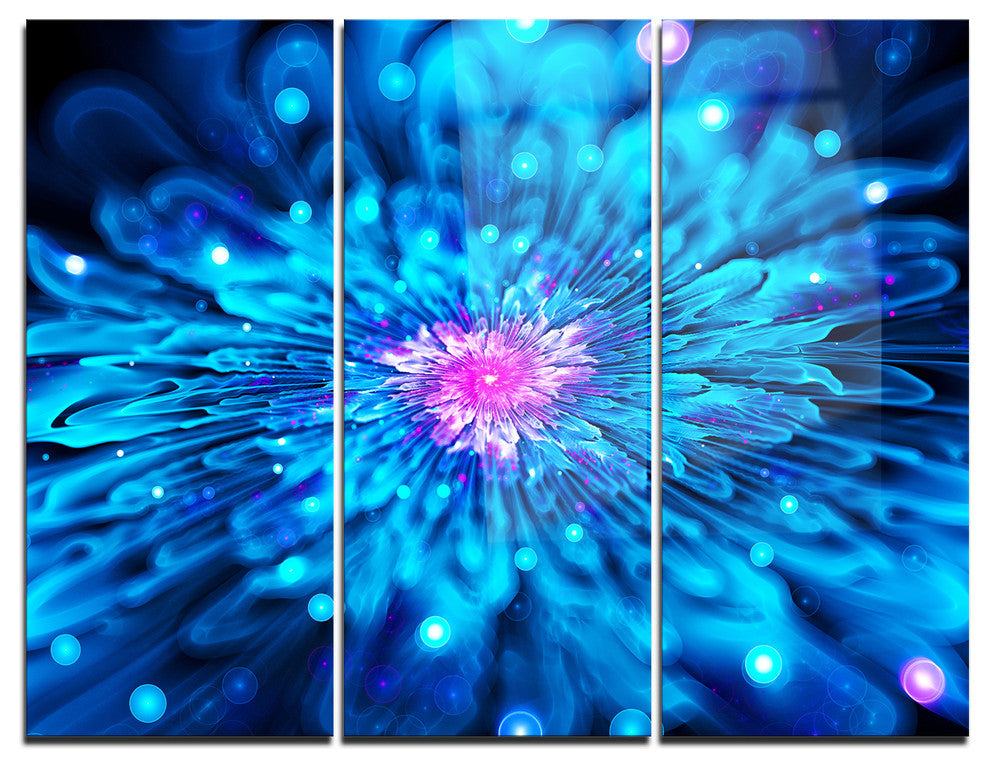 "Magical Blue Glowing Flower" Digital Metal Wall Art, 3 Panels, 36"x28"