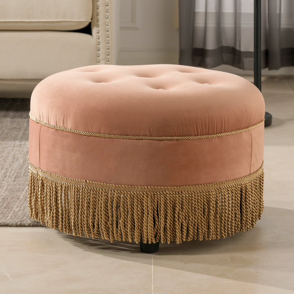Yolanda 24" Upholstered Round Accent Ottoman, Peach Orange Velvet