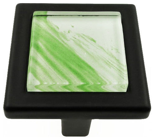 Hand Brushed Green Tilted Stroke Crystal Glass Black Metal Square Manor Knob