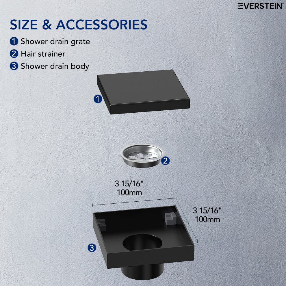 4"x4" Stainless Steel Square Shower Drain With Drain Cover, Matte Black