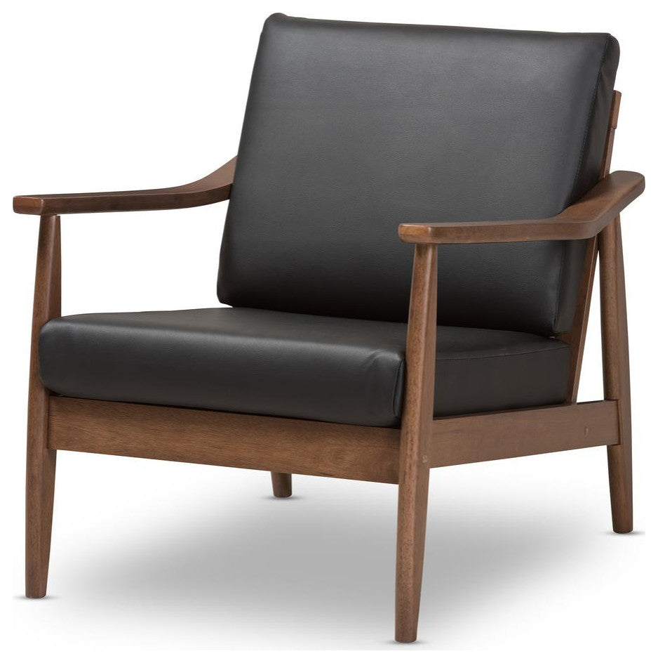 Venza Mid-Century Walnut Wood Black Faux Leather Lounge Chair