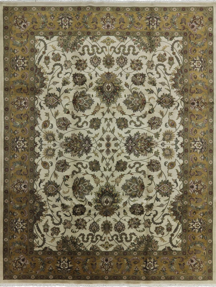 Oriental Herati Design 9'x12' Ivory Rajasthan Hand Knotted Wool Area Rug H8620