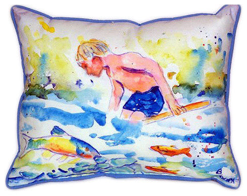 Pair of Betsy Drake Boy and Fish Large Indoor/Outdoor Pillows 18x18