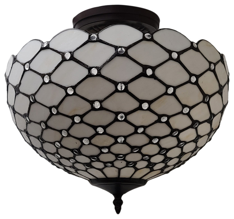 Tiffany Style 2 Light Impearled Semi-Flush Ceiling Lamp, 16" Wide