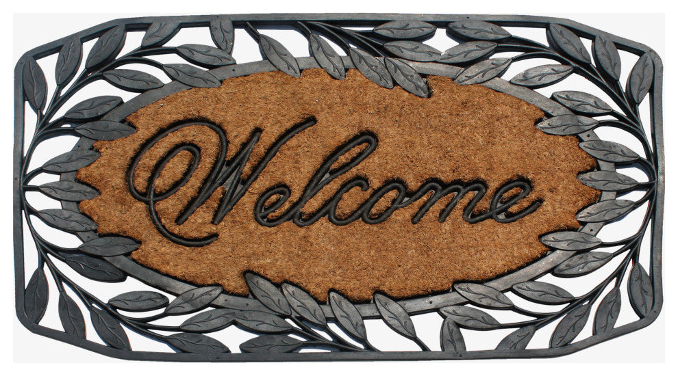 A1HC Welcome Stylish Leaf Border Rubber and Coir Outdoor Doormat, 23"x38", Black