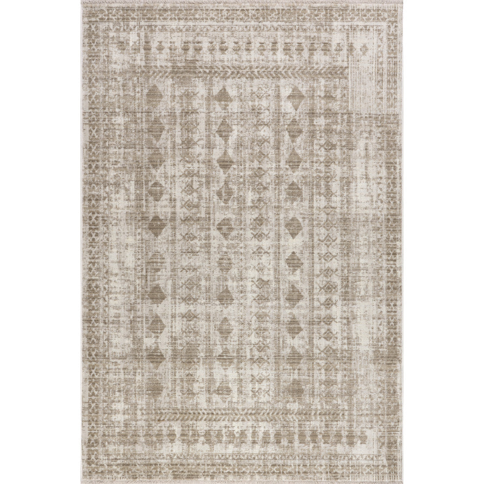 Saturdays Geometric Fringed Area Rug, Light Beige 2' 8" x 8'