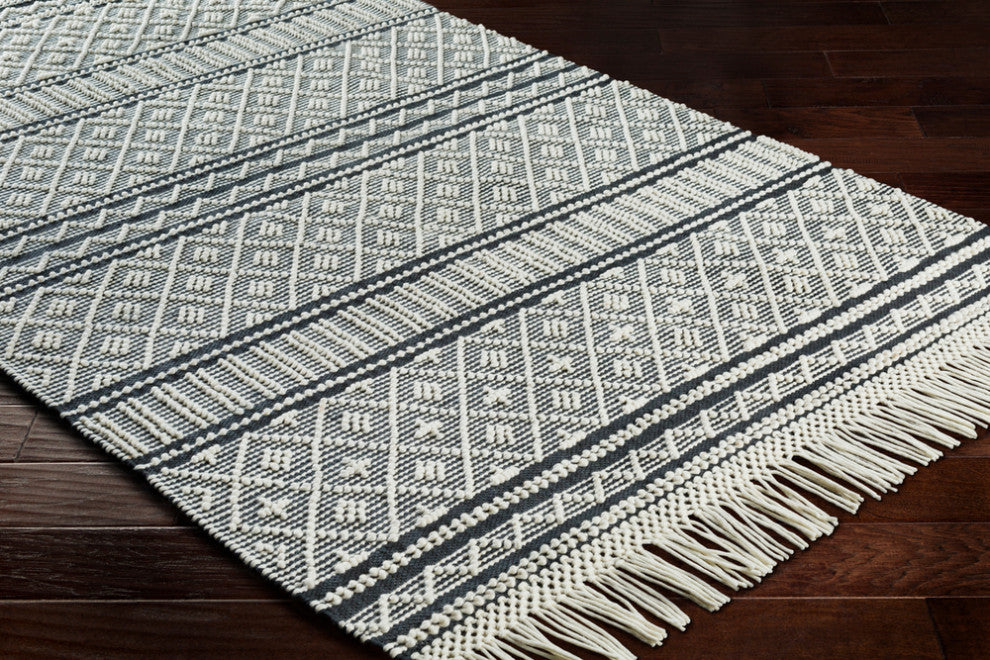 Surya Farmhouse Tassels FTS-2300 Bohemian Area Rug, Charcoal, 9' x 12' Rectangle