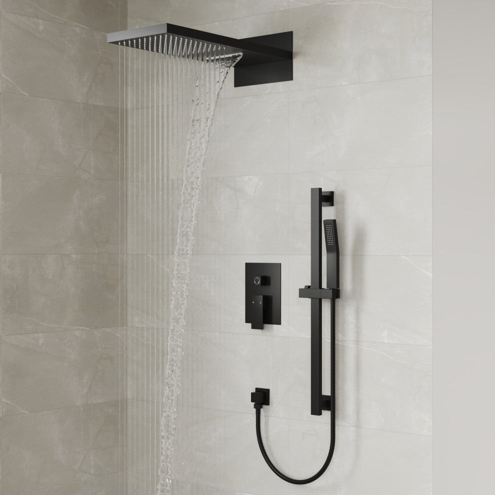 Dual-Function Waterfall & Rainfall Shower Faucet Set With Rough-In Valve, Matte Black