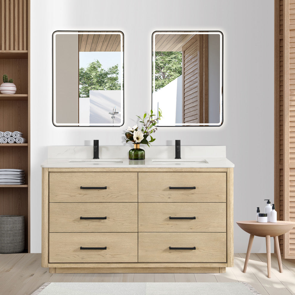Porto Bath Vanity with White Quartz Stone Top, Natural Oak, 60 in., No Mirror