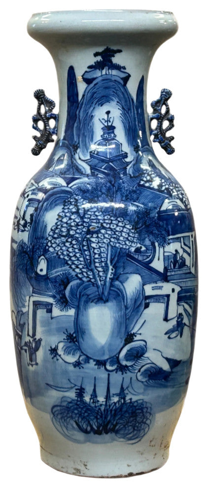 23.5" Vintage Blue White Scenery Porcelain Ru Yi Ear Art Vase Hws4361