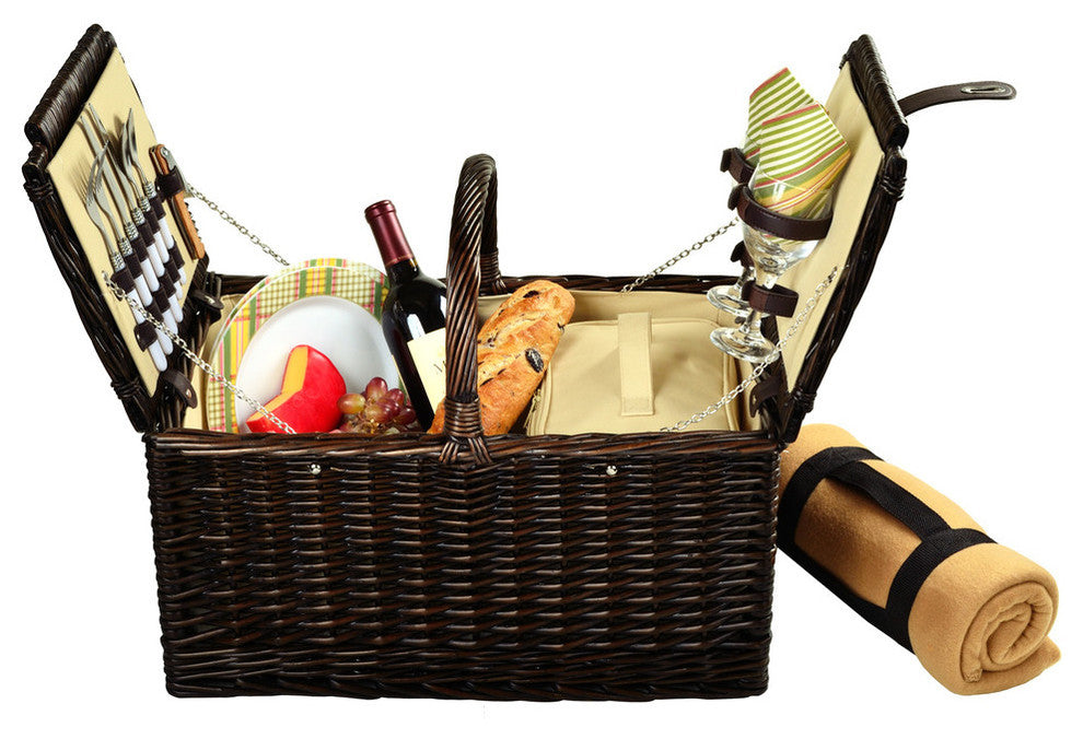 Surrey Picnic Basket For Two With Blanket, Brown Wicker and Hamptons