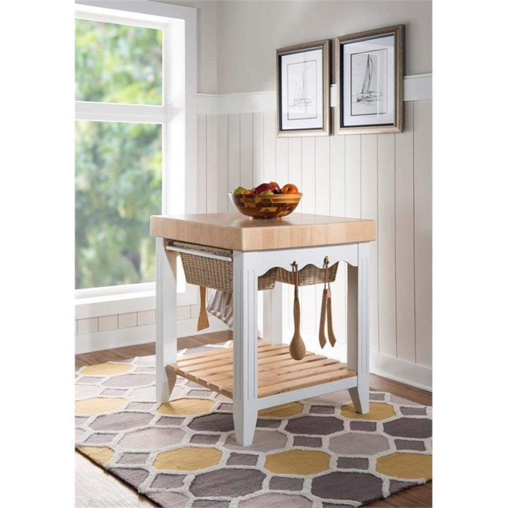 Linon Kolton Butcher Block Kitchen Island with 2 Baskets in White/Natural Wood
