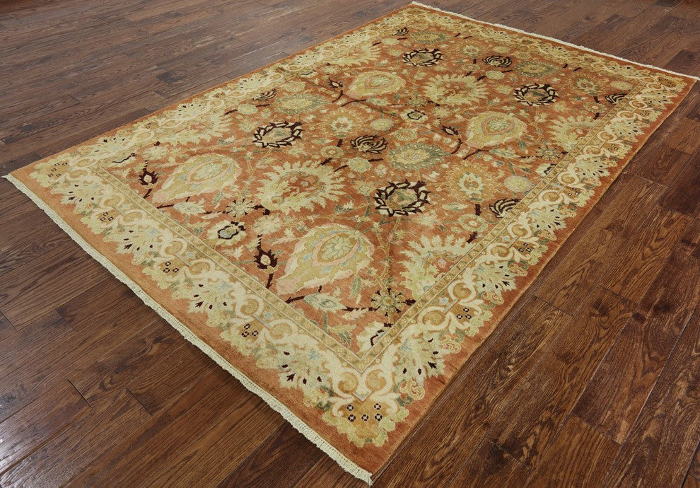 Peshawari Oushak Style Rust Chobi Hand-Knotted Wool Rug, 6'x9'