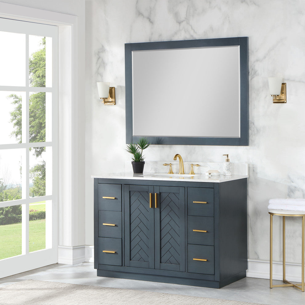 Maribella Rectangular Bathroom Wood Framed Wall Mirror, Classical Blue, 48"