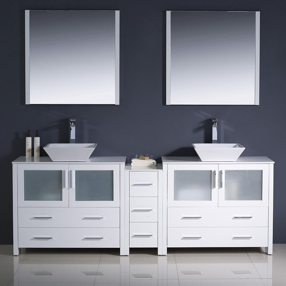 Torino 84" White Modern Double Sink Bathroom Vanity, Faucet FFT9152BN