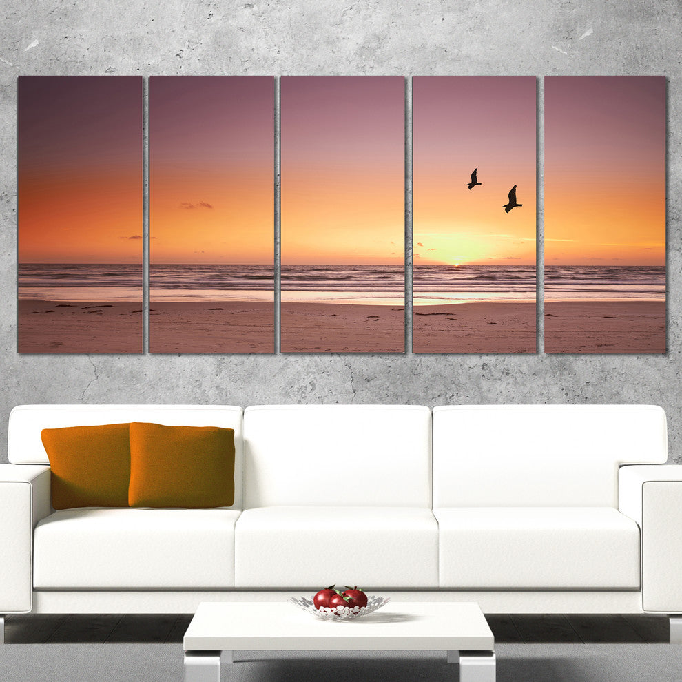 "Beach Sunset And Sea Gulls" Modern Seashore Canvas Art, 5 Panels, 60"x28"