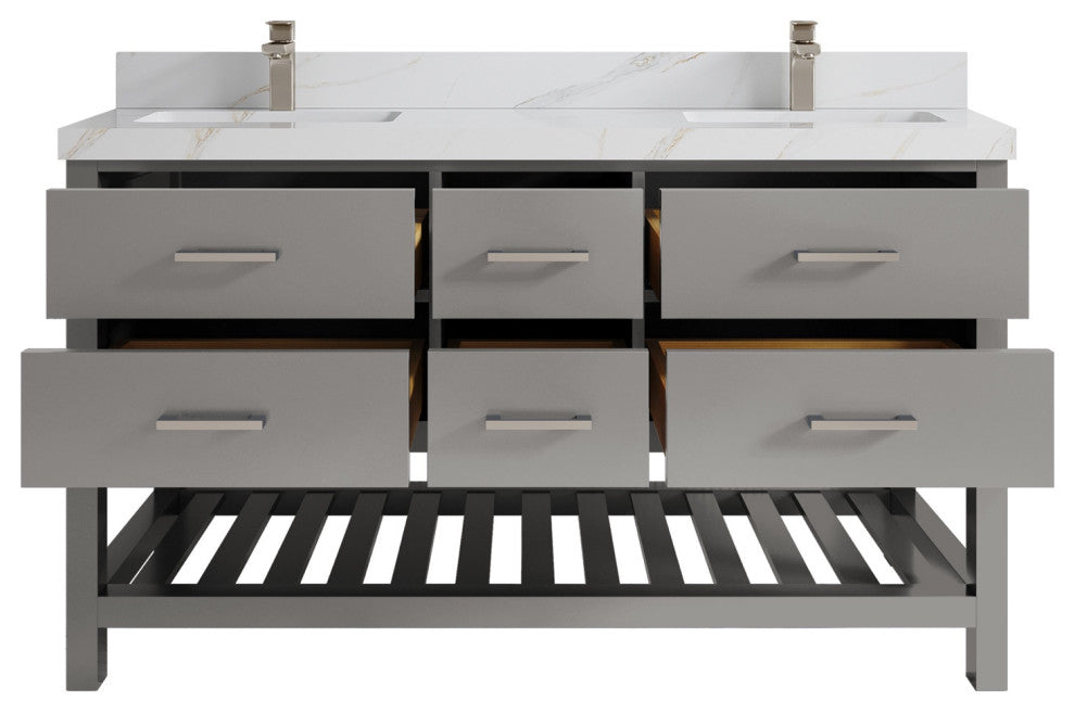 Parker 60" Double Sink Bath Vanity, Elephant Skin Gray 2" Calacatta Sienna