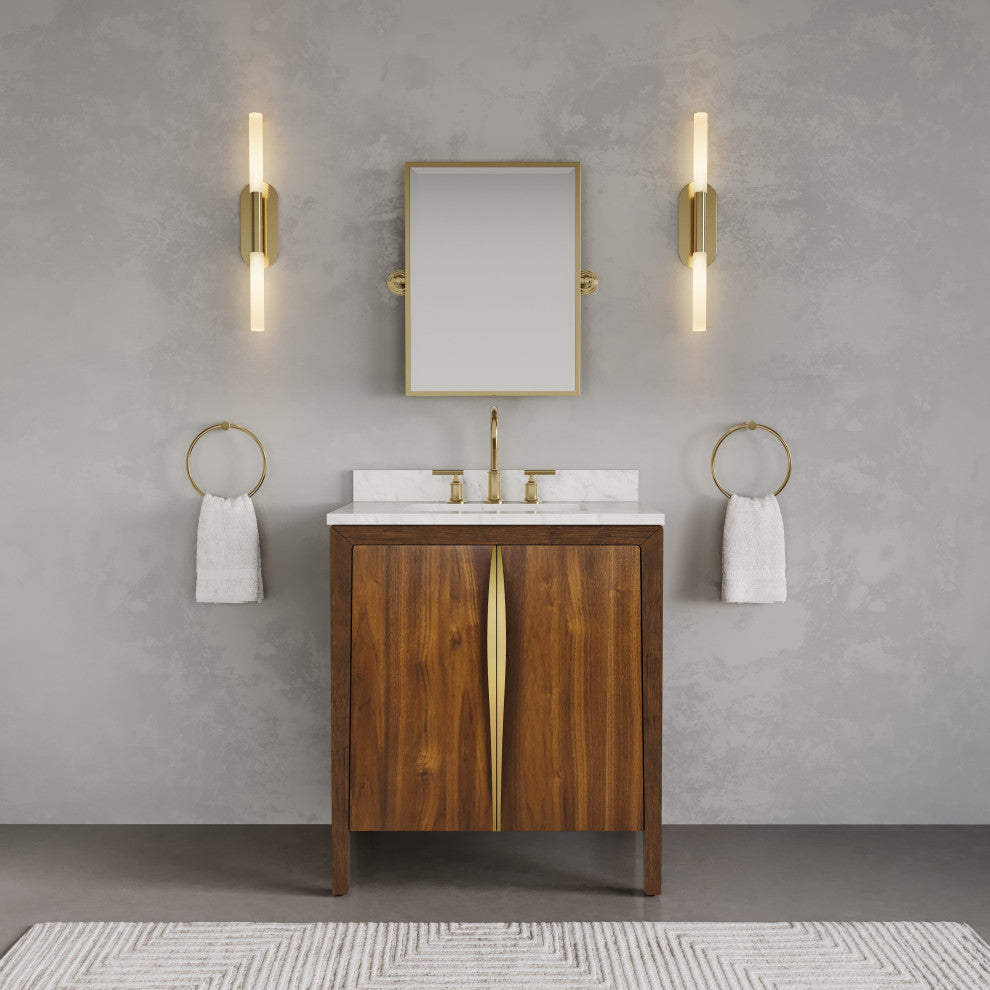 Ferrero Marble Top Bath Vanity, Nori Juglans, 30, Single Sink, Satin Gold Faucet
