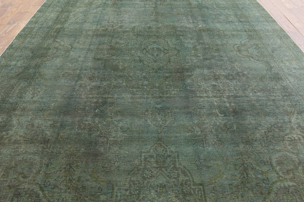 Unique Overdyed Collection Floral 10'x13' Green Hand Knotted Wool Area Rug H8693