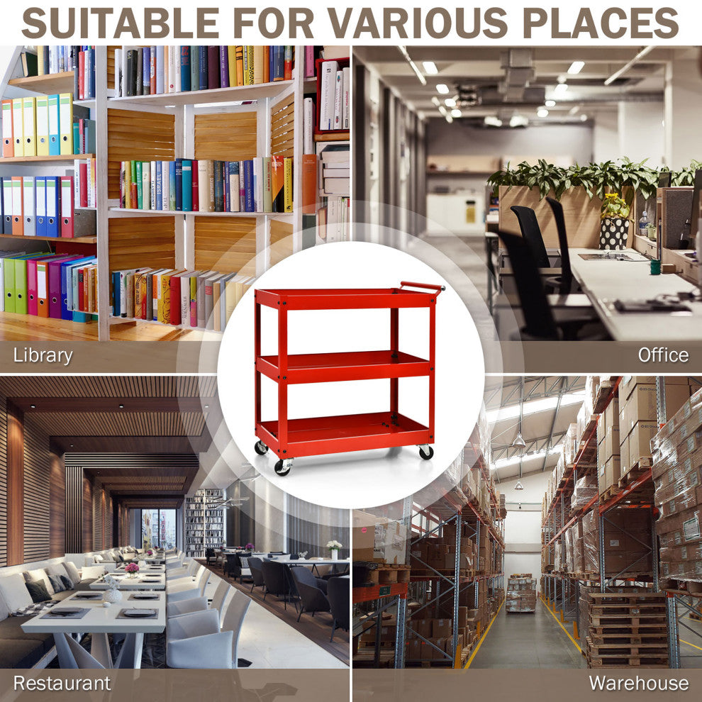 Costway 3-Tier Utility Cart Metal Storage Service Trolley 330lbs Capacity Red