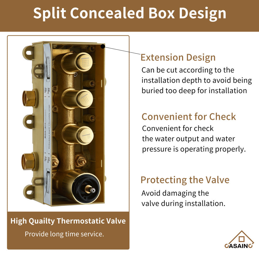 3 Functions 12 Inch Wall Mount Thermostatic Shower System, Brushed Gold