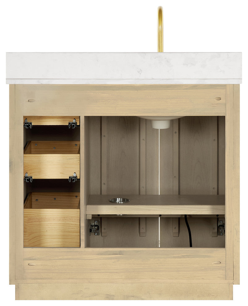 Oza Bath Vanity with Quartz Stone Top, Aged Natural Oak, 36", Single Vanity, No Mirror