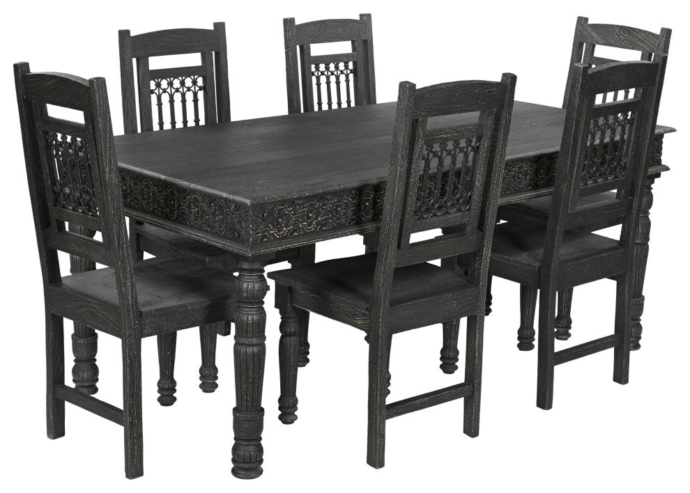 Wiley 7-piece Carved Solid Wood Dining Set, Black