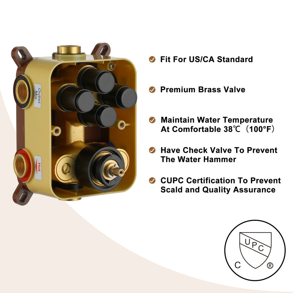 12" Dual Heads Shower System with 4 Way Thermostatic Faucet, Matte Black