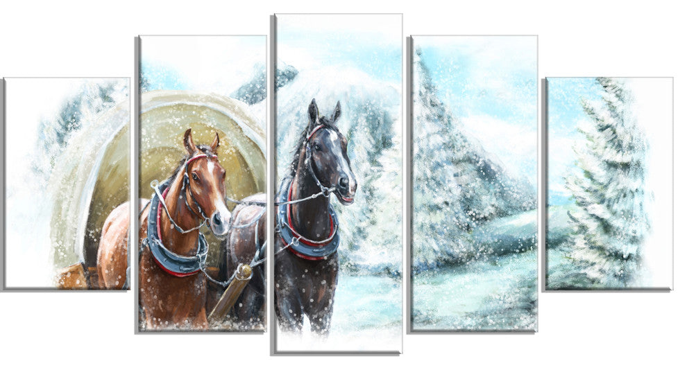 "Painted Scene With Horses in Winter" Landscape Wall Art, 5 Panels, 60"x32"