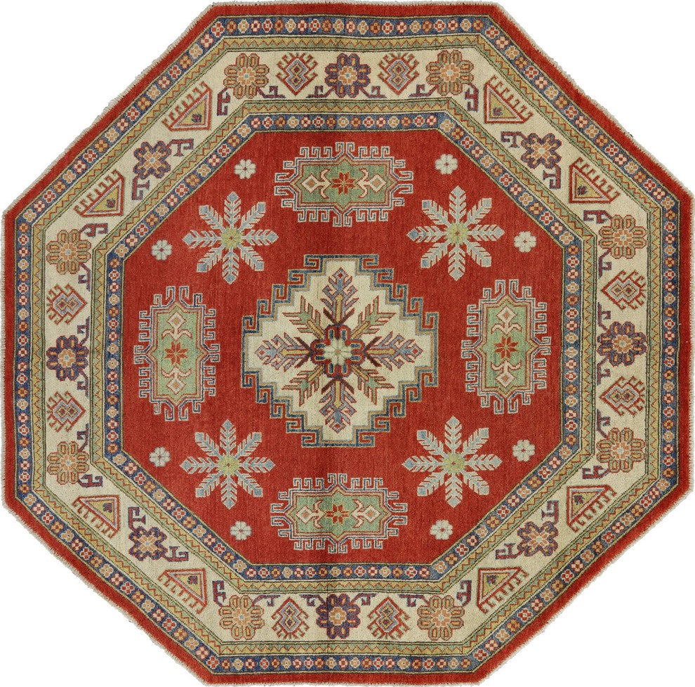 New 8'x8' Octagon Red Super Kazak Geometric Hand Knotted Wool Area Rug H8923