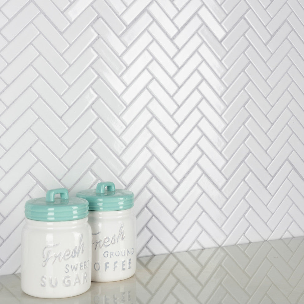 Metro Brick Herringbone Glossy White Porcelain Floor and Wall Tile