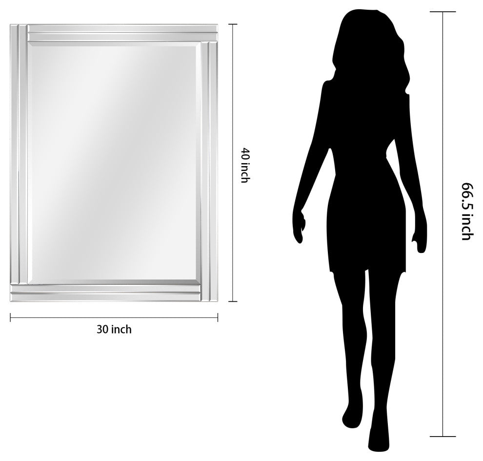 Stepped Beveled Rectangle Wall Mirror, Solid Wood Frame, 1" Center Mirror, 30" X 40"