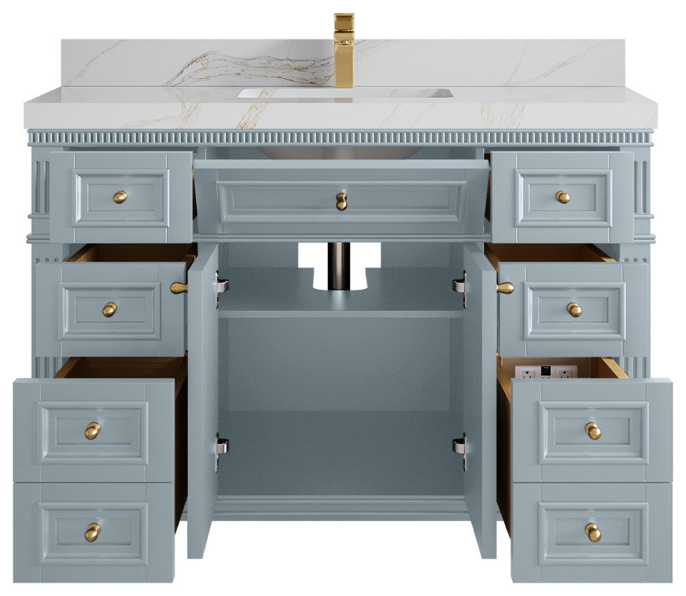 Paris 48" Single Sink Bathroom Vanity, Blue Heather 2" Calacatta Sienna