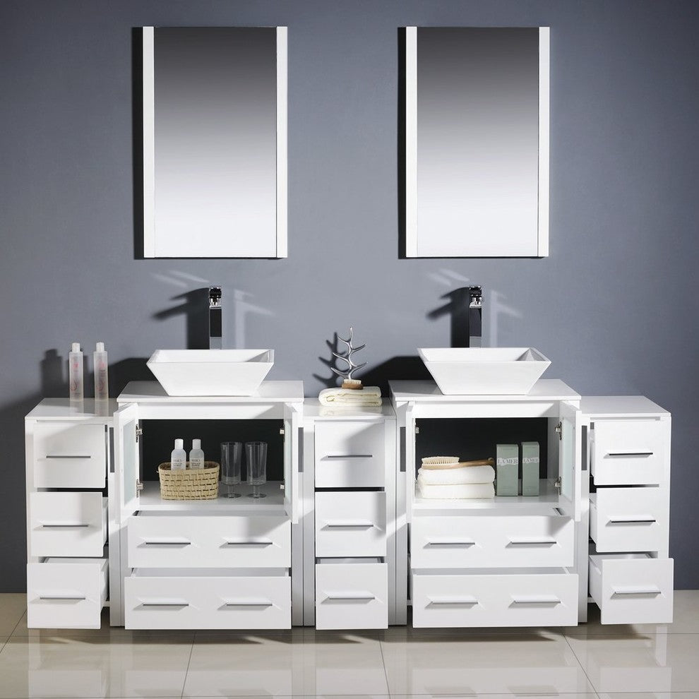 Torino 84" White Modern Double Sink Bathroom Vanity, Faucet FFT9152BN