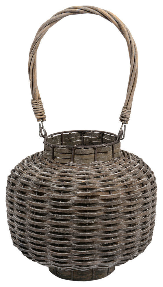 17.5" Beach Day Weathered Woven Wood Pillar Candle Lantern, Gray