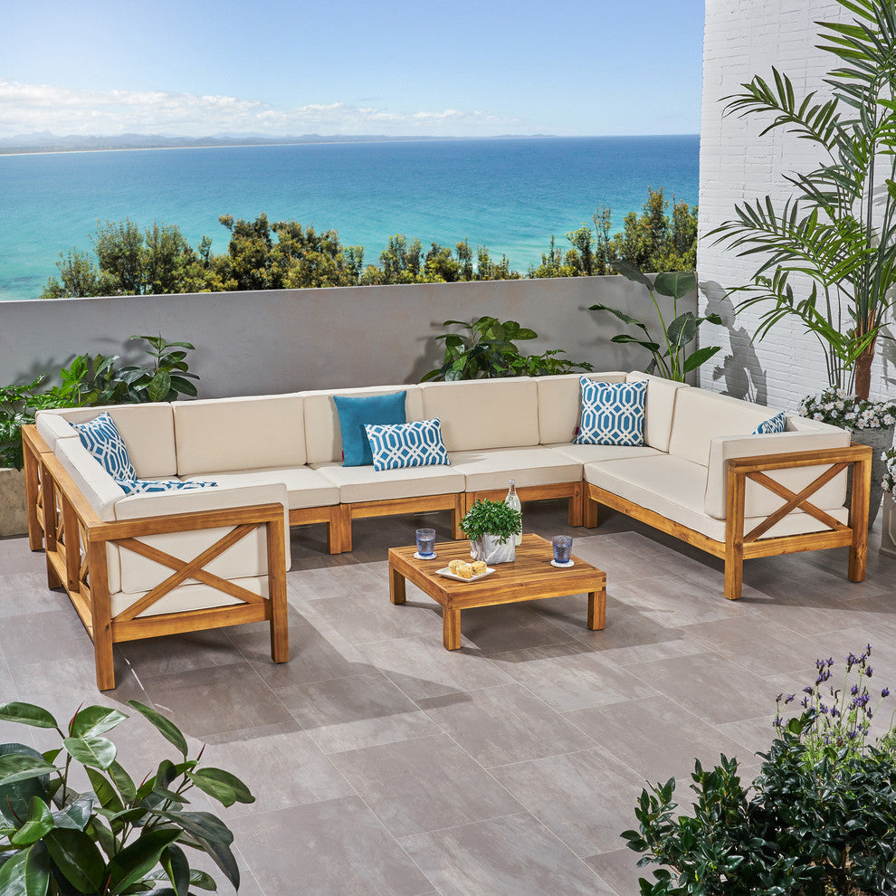 Isabella Outdoor 9 Seater Acacia Wood Sectional Sofa Set, Beige