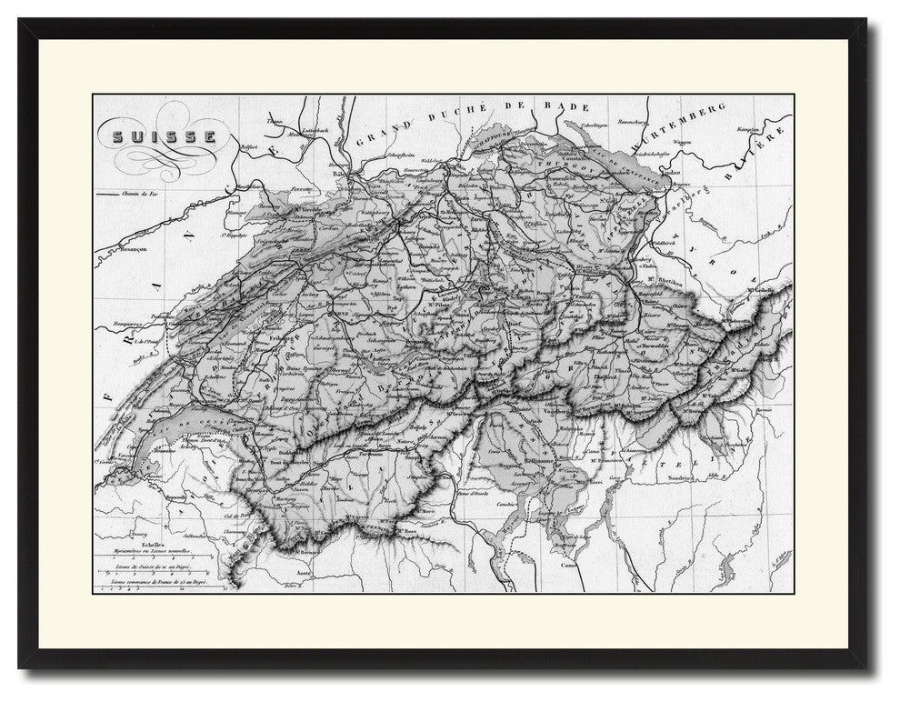 Switzerland Vintage B&W Map Canvas Print, 28"x37"