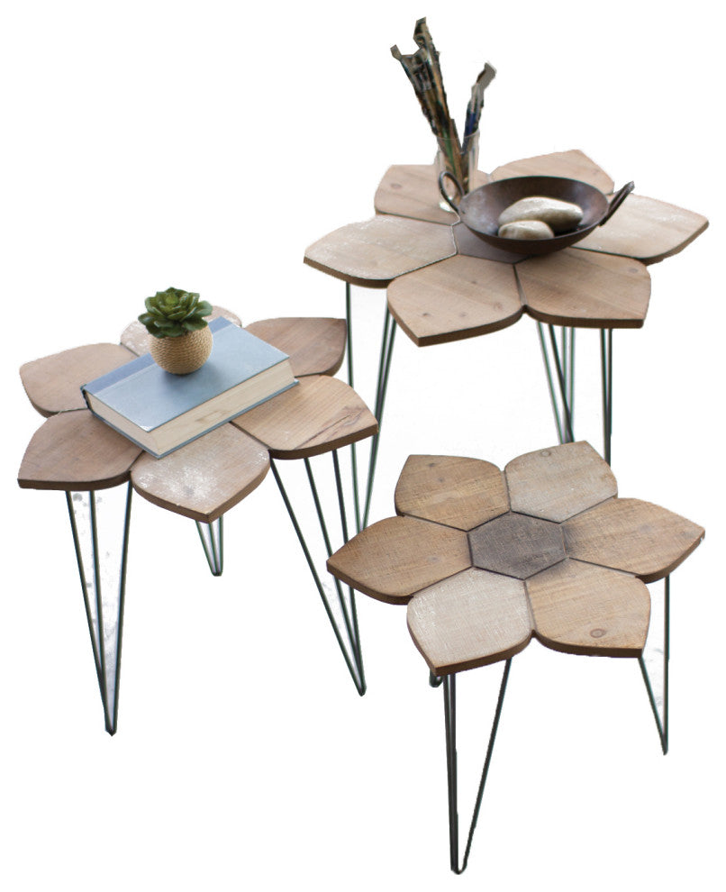 Set of 3 Flower Side Tables with Wooden Tops