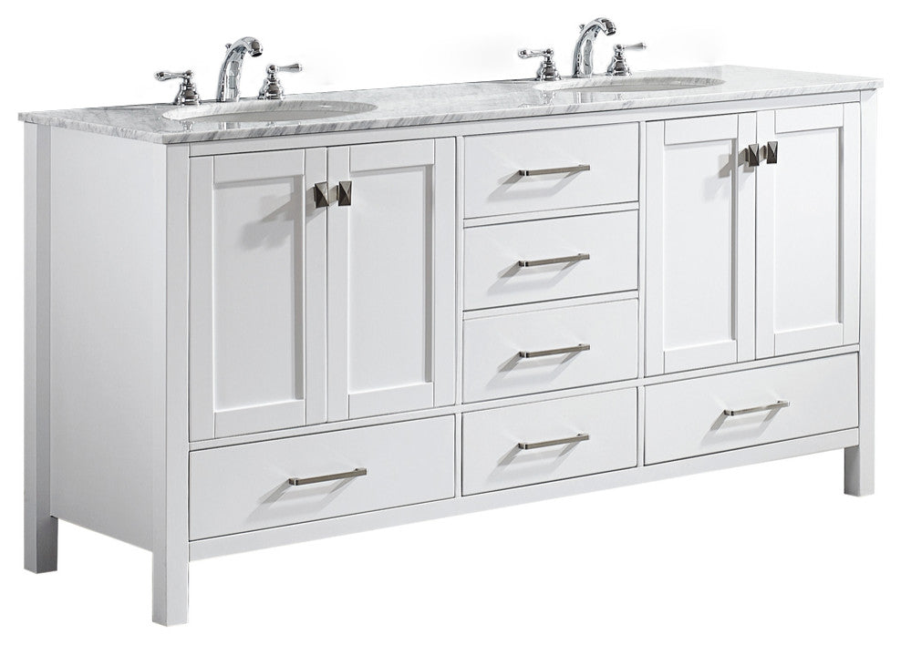 Vinnova Gela 72" White Double Sink Vanity With Carrara White Marble Countertop